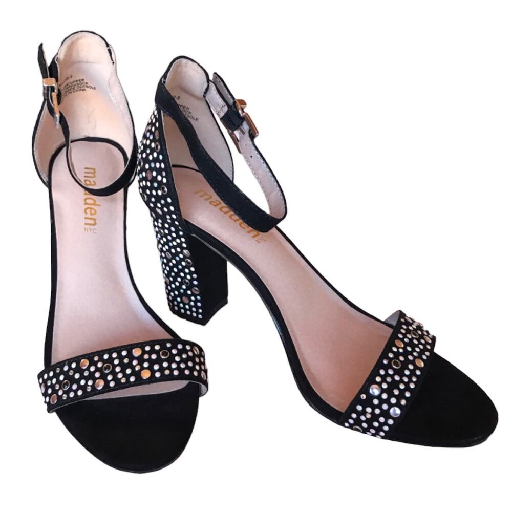 Madden NYC Glitzy Black Sparkled and Studded Block Heeled Sandals size 8